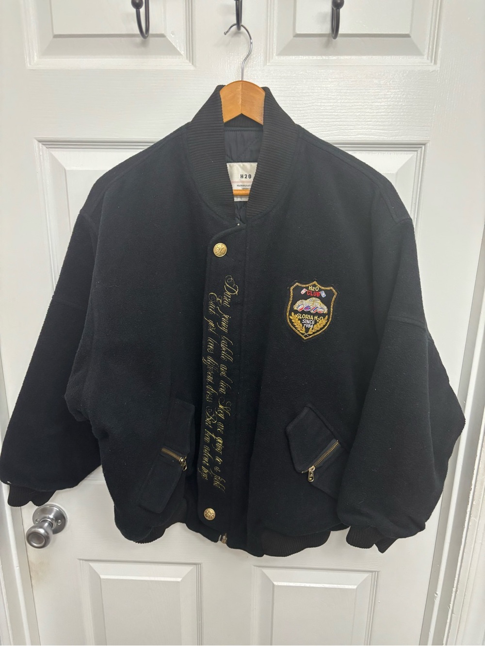 H20 Vintage Y2K 100% Cotton Black Bomber Jacket with Embroidered Crest
